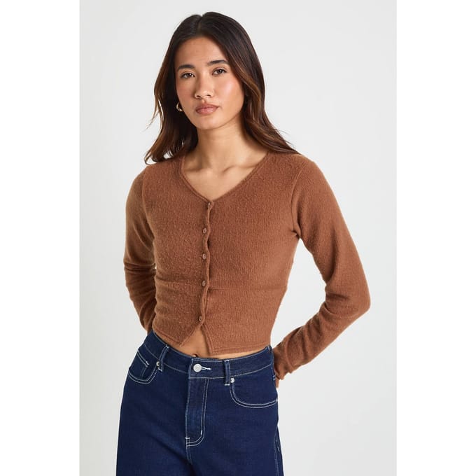 boohoo Dames Wollen Geribbeld Doorknoop Vest | Dark Brown | Maat: 10