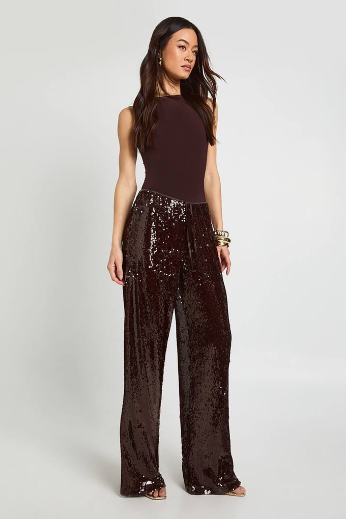 boohoo Dames Tall Lage Taille Trekkoord Tailleband Pailletten Broek | Espresso | Maat: 36
