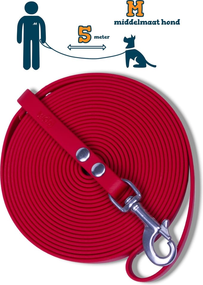 Miqdi lange lijn - BioThane® – rood - 5 meter lang – 13mm breed – M – middelmaat hond – lange hondenriem