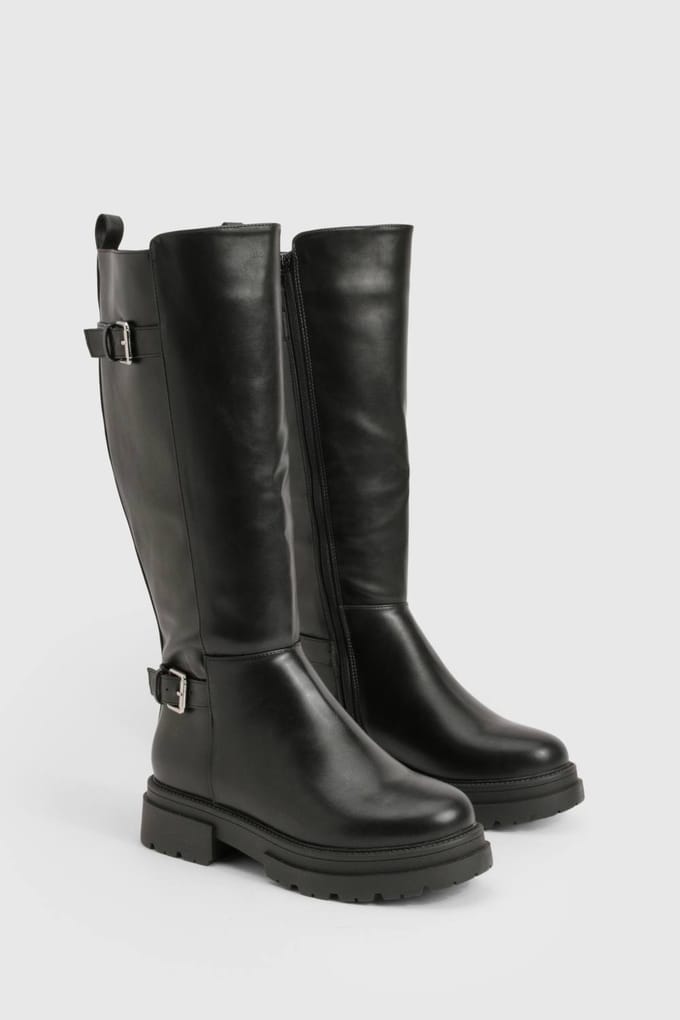 boohoo Dames Brede pasvorm dubbele gesp kniehoge bikerlaarzen | Zwart | Maat: 36