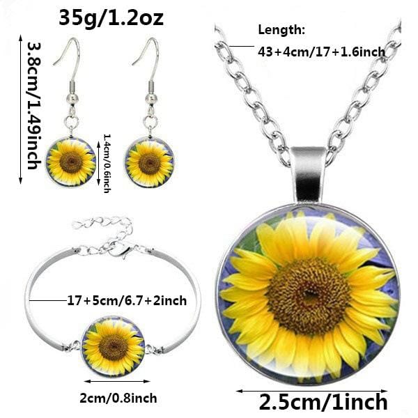 Style Rétro, Ensemble Collier Pendentif Gemme Temps Tournesol, Bracelet de Mode, Ensemble de Bijoux Boucles d'Oreilles Puces Ensemble Trois Pièces. jaune