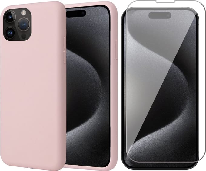 Hoesje geschikt voor iPhone 15 Pro Max - Screen Protector GlassGuard - Back Cover Case SoftTouch Roze & Screenprotector