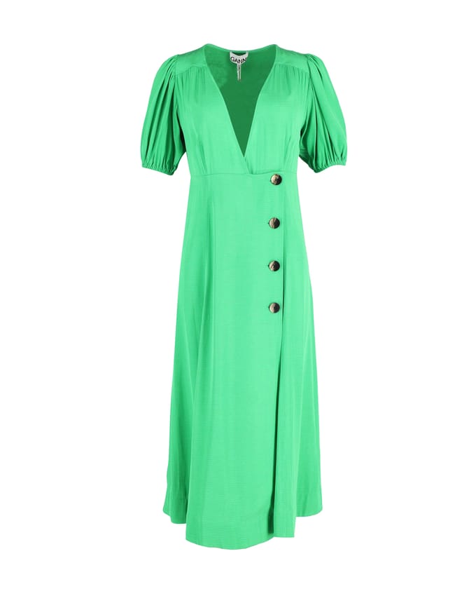 Ganni midi-wikkeljurk met pofmouwen in groene viscose