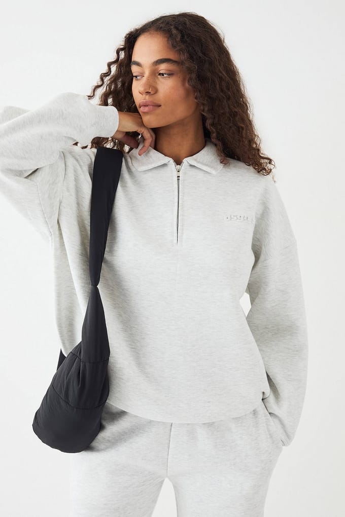 Dames DSGN Studio Geembosseerde Sweater met Kraag en Halve Rits | Ash Grey | Maat: 2XL