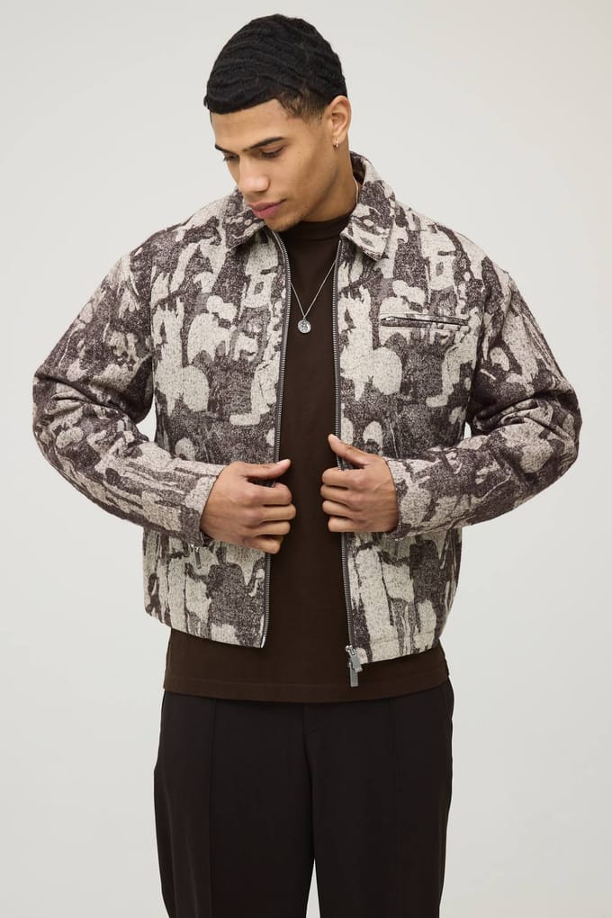 Boxy Fit Getextureerde Jacquard Harrington Jas | Brown | Size Medium