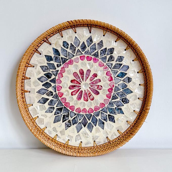 Rieten Geweven Serveerblad Rond Decoratief Natuurlijk Rieten Schelp Fruit Dessert Snackbord voor gray
