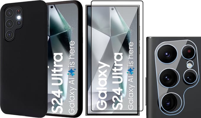 Hoesje geschikt voor Samsung Galaxy S24 Ultra - Screenprotector PET & Camera - Mat Back Case Zwart