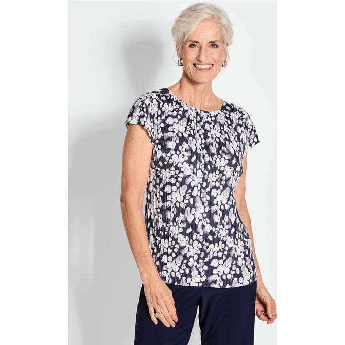 Plisséshirt - marine / wit / gebloemd - Gr. 44 van Goldner Fashion