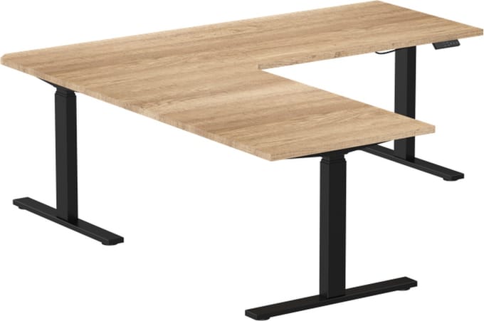 Zit sta bureau elektrisch verstelbaar hoekbureau | 180x160x70 cm | frame zwart - blad grijs eiken | Memory bediening