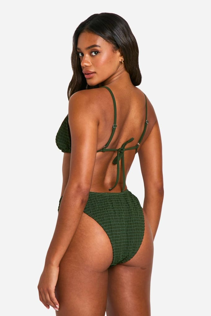 boohoo Dames Seersucker High Leg Bikini Slip | Kaki | Maat: 44