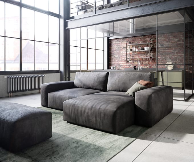 Hoeksofa Lanzo kunstleer vintage antraciet 230x155 cm met variabele recamière en hocker