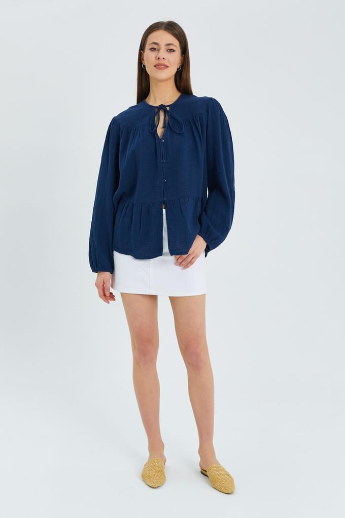 Lange Mouwen Ontspannen Pasvorm Blouse met Strikhals