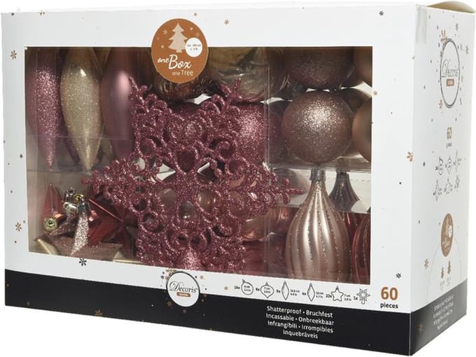 Decoris kerstballen kunststof 60 stuks roze kerstdecoratie set.