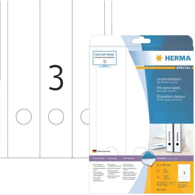 Herma ordneretiketten A4, 297 x 61 mm, permanent hechtend/bedrukbaar, 75 stuks, wit