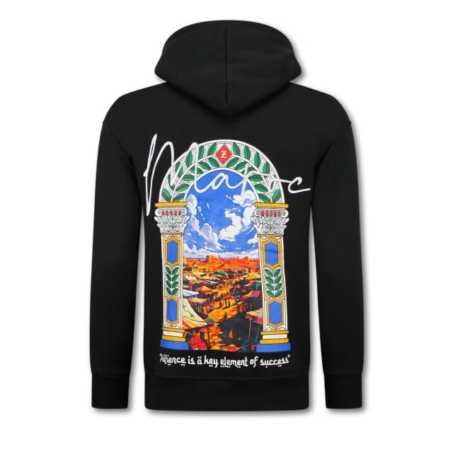 Oversized Hoodie Heren met Capuchon - Maroc Print - Dik Geweven - 5818 - Zwart