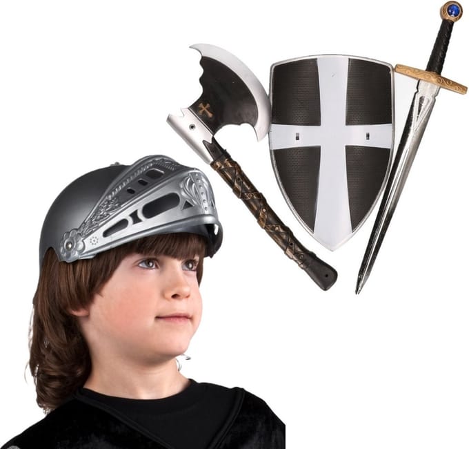 Boland Ridder Carnaval verkleedset voor kinderen - Ridderhelm - Zwaard/Bijl - Schild - Kunststof