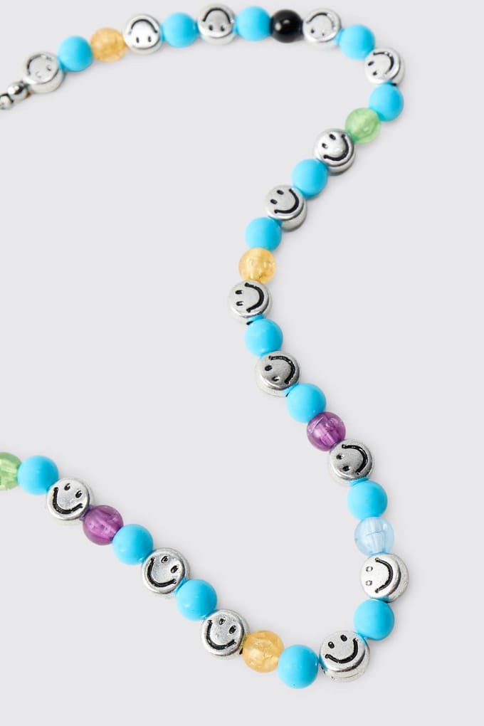Blue Beaded Necklace with Silver Smiley Face Charms