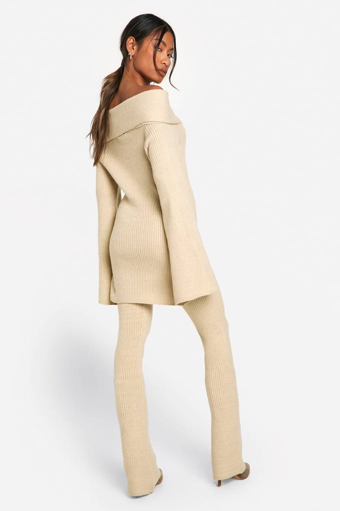 boohoo Dames Premium Geribde Gebreide Flared Broek | Steen | Maat: Small