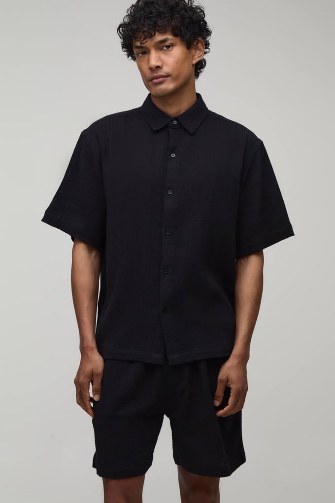 Katoenen Gaas Oversized Shirt & Baggy Short Set | Black | Size Medium