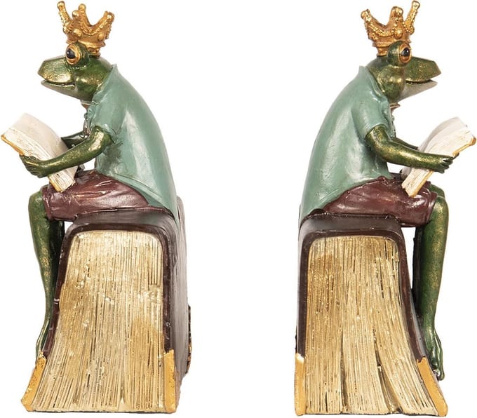 Clayre & Eef Boekensteunen Set van 2 14x10x23 cm Groen Bruin Polyresin Kikker