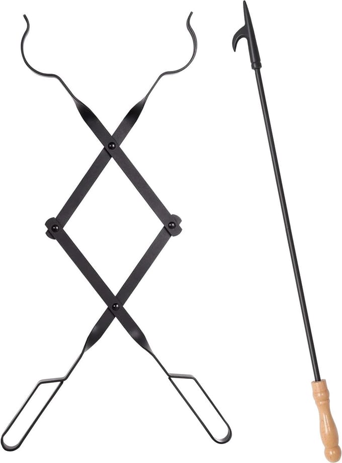2 x Fire Hooks, Fire Tongs, Fireplace Tools, Home Fireplace, Fire Making Tool Outdoors (2 x Hooks + Tongs)