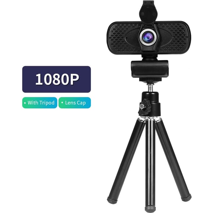 Caméra de vidéoconférence Webcam grand angle HD 1080P USB Plug & Play avec capuchon d'objectif et trépied pour noir