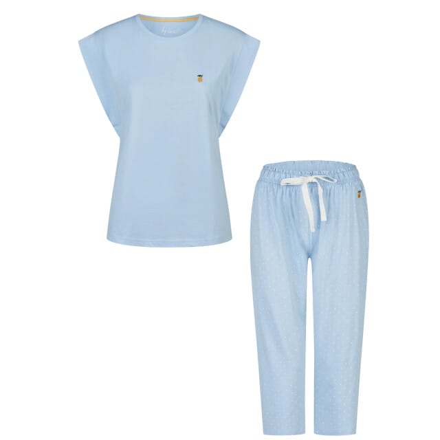 By Louise Dames Capri Pyjama Set Driekwart Kapmouw Blauw Gestipt - Maat S