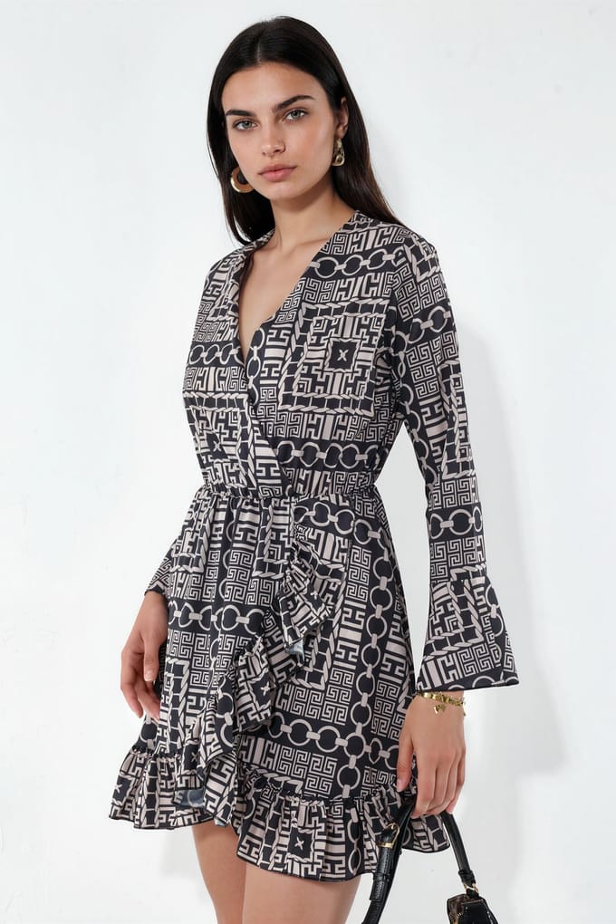 Geometrische Wikkel Mini Jurk Met Strik Taille