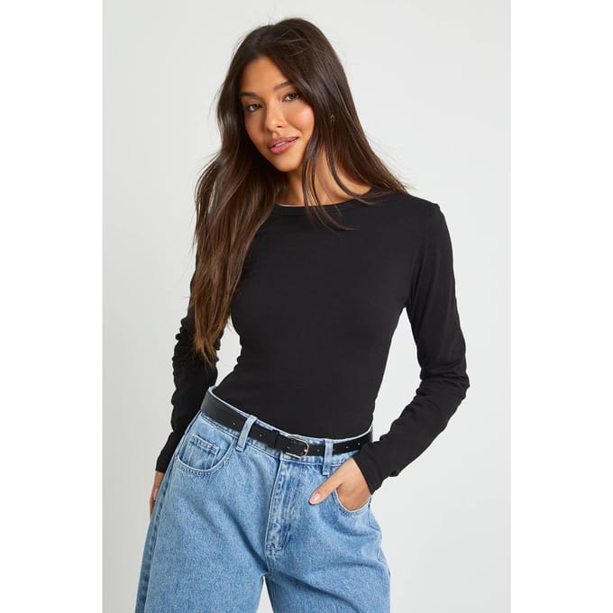 boohoo Dames Langmouwen getailleerde longtop | Zwart | Maat: 44