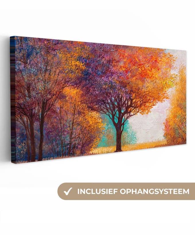 Canvas - Schilderij - Bomen - Herfst - Olieverf - Bladeren - 160x80 cm - Interieur - Muurdecoratie