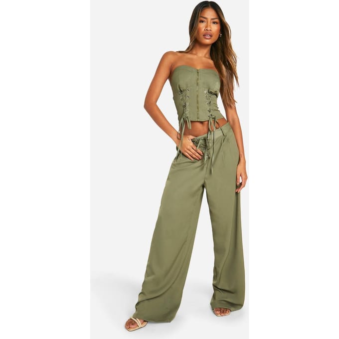 boohoo Dames Lace Up Detail Trouser | Kaki | Maat: 34