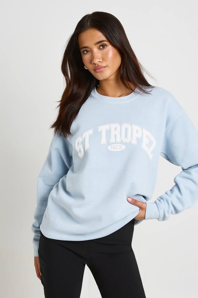 boohoo Dames St Tropez Bedrukte Gewassen Oversized Sweatshirt | Lichtblauw | Maat: Small