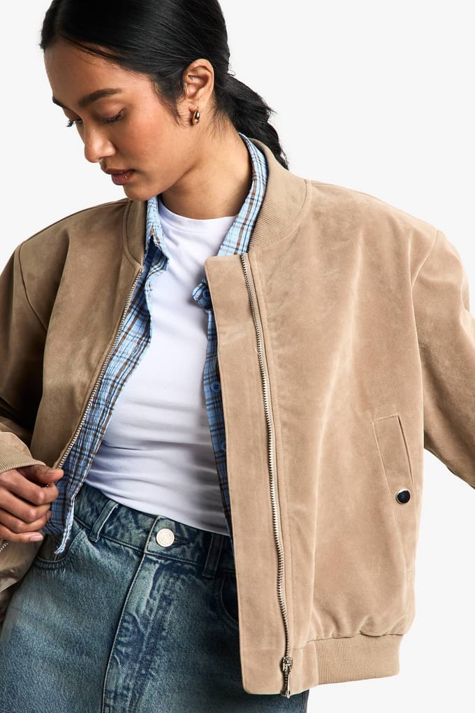 boohoo Dames Suede Look Shoulder Pad Bomber Jacket | Stone | Maat: 8