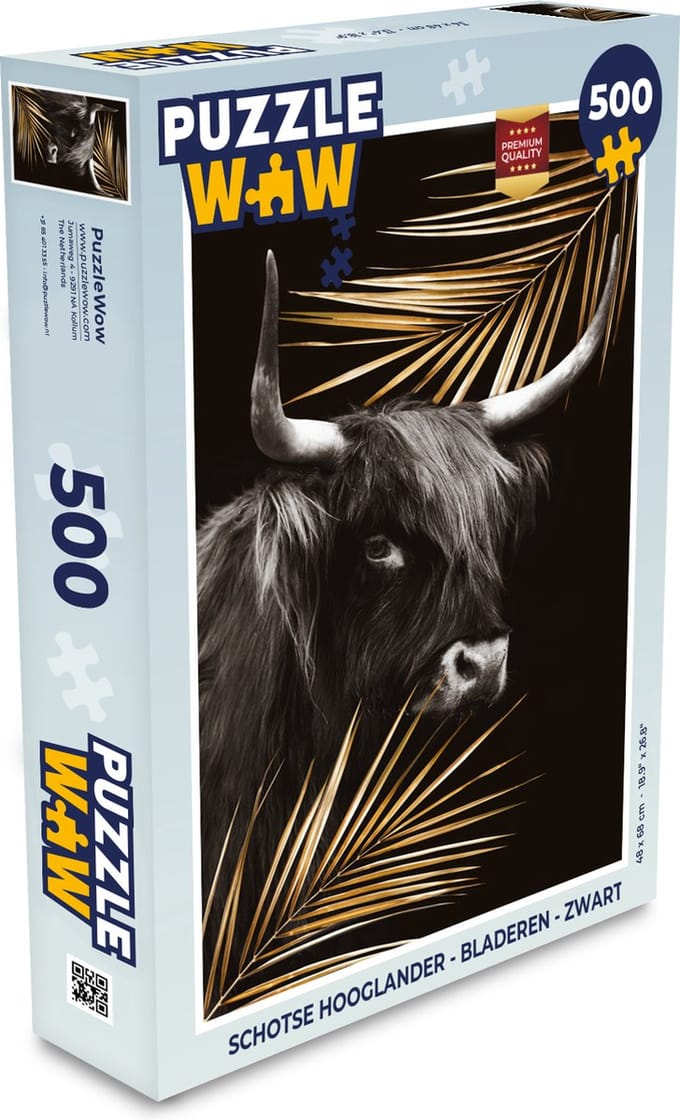 Puzzel Schotse hooglander - Bladeren - Zwart - Legpuzzel - Puzzel 500 stukjes