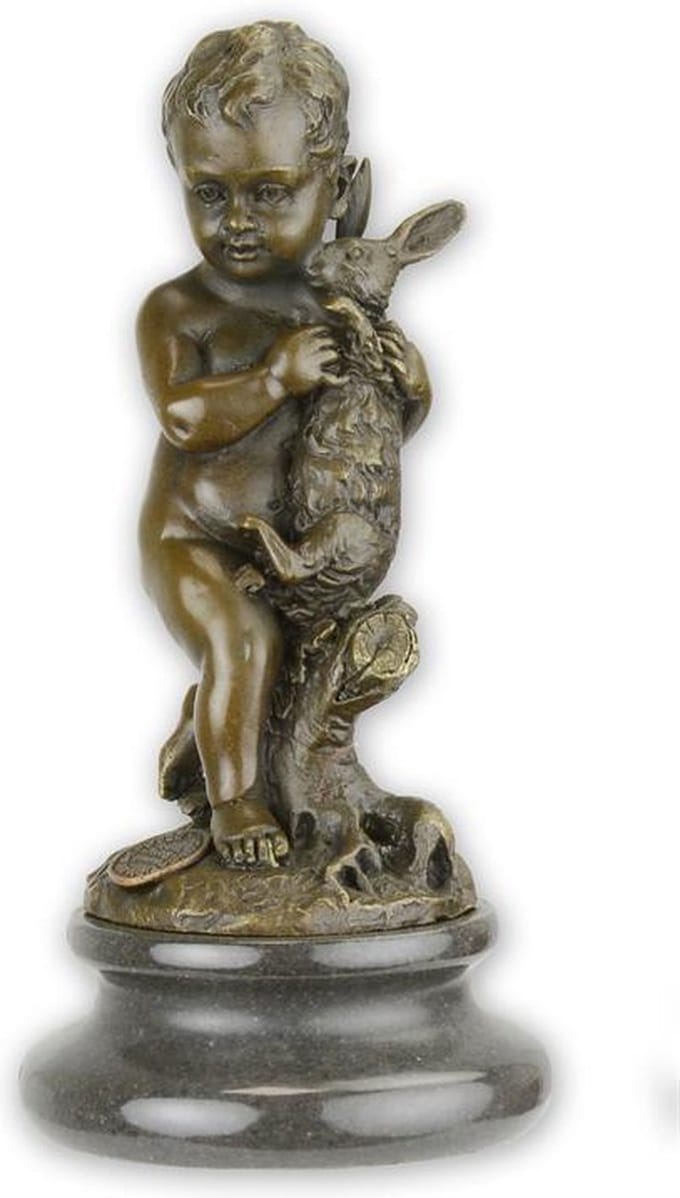 Bronzen beeld - Kleine jongen met konijn - sculptuur - 15,2 cm hoog