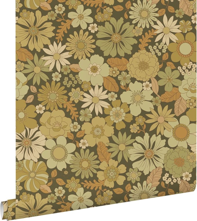 ESTAhome behang retro bloemen olijfgroen - 50 x 900 cm - 130967