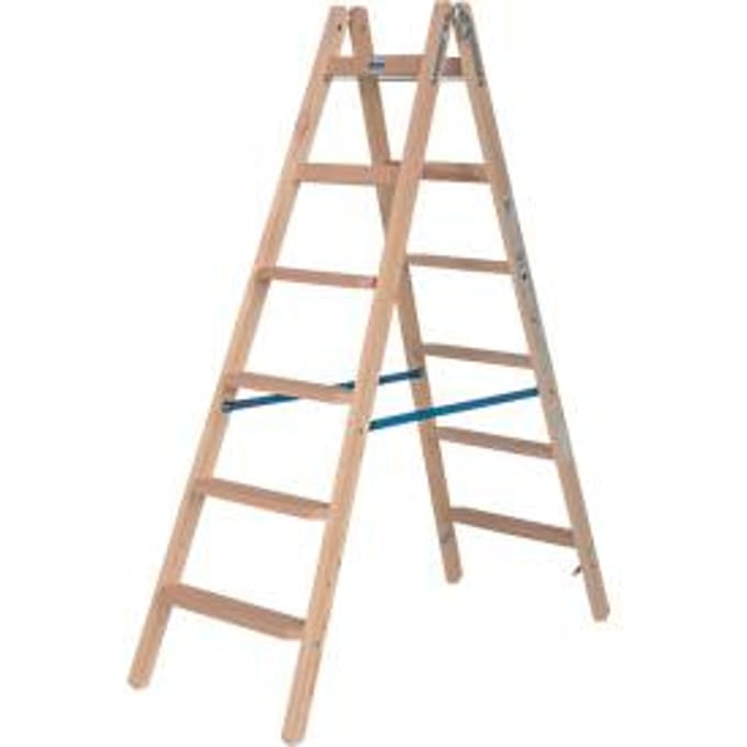 Trapladder Krause, dubbelzijdig, TRBS 2121-2, met emmerhaak, 2 x 7 stappen/longen, hout