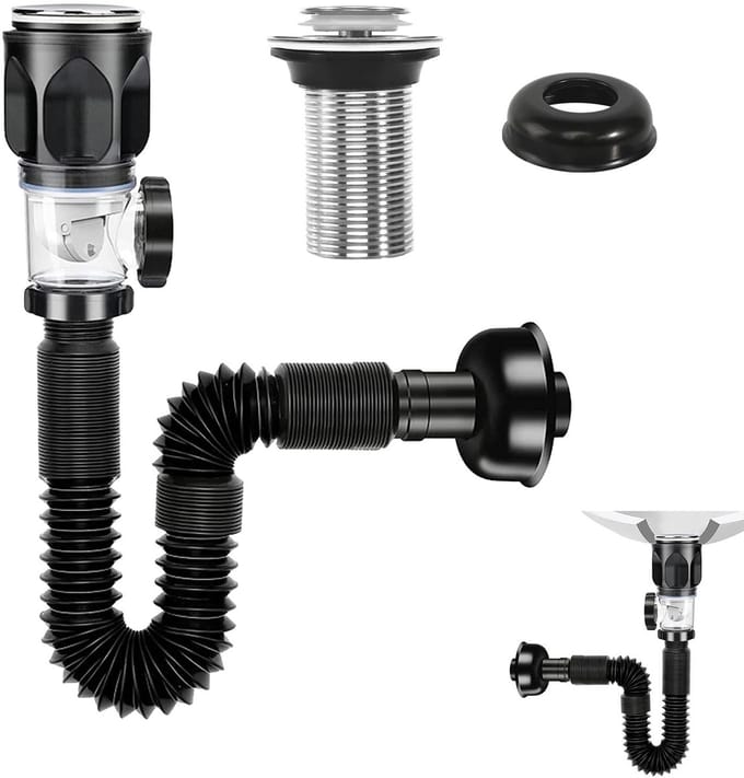 Basin Drain Set, Odor Proof Siphon, Basin Set, Sink Drain Set, Drain with Retractable Flexible Drain Pipe and Pop Up Drain Plug for Bathroom, Kitchen