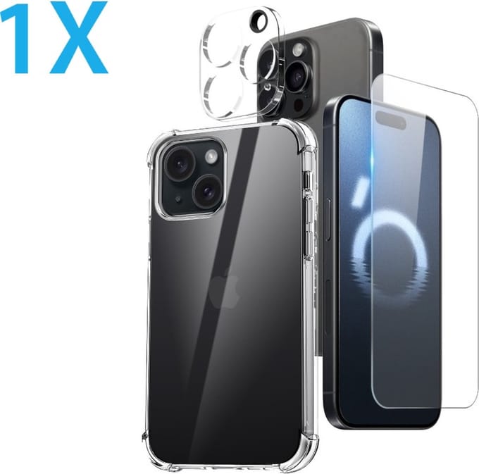 Anti -Shock Silicone hoesje transparant met Screenprotector Glas 1x en Camera lens protector 1x Geschikt voor: iPhone 16 Pro Max