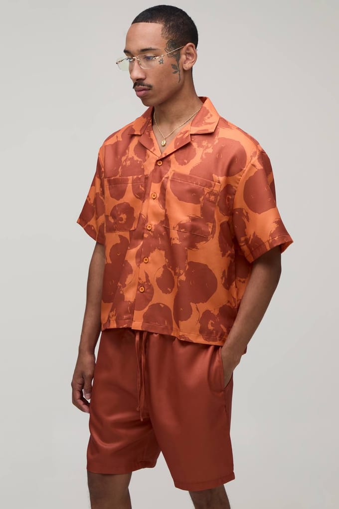 Oversized Boxy Shirt & Short Set Met All-over Print | Orange | Size Medium