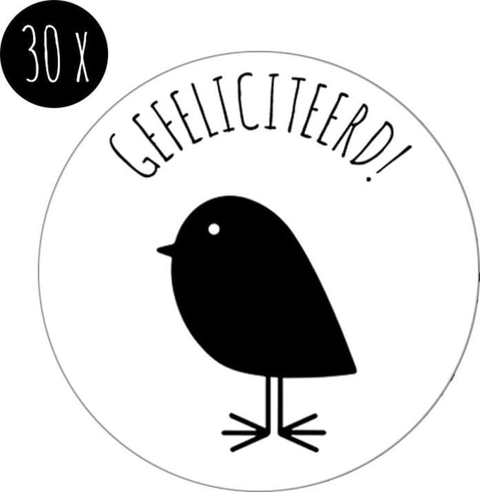 30x Sticker / Cadeausticker / Sluitsticker | GEFELICITEERD + VOGELTJE | 35 mm | wit & zwart