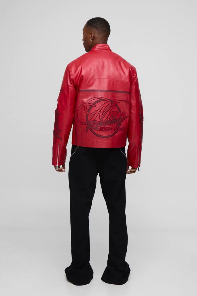 Regular Fit Men's Racing PU Biker Jacket | Red | Size Medium