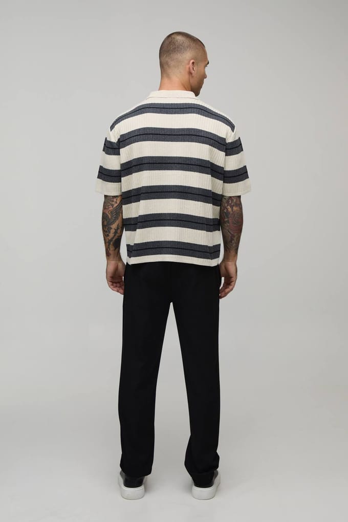 Oversized Boxy Ribbed Striped Knitted Polo T-Shirt | Charcoal | Size Medium