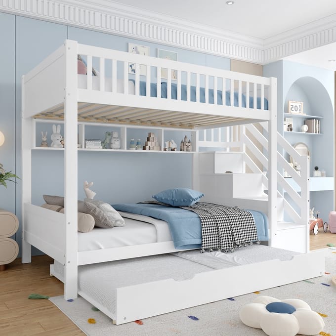 MODFU Stapelbed 90x200 cm van grenenhout en MDF – wit – met opbergtrap, kledingkast en uitschuifbed – compleet