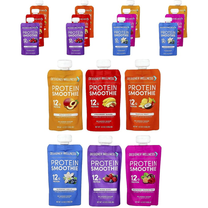Designer Wellness, Eiwit Smoothie, Proef Variëteitenpakket, 12 Pakjes, 120g (4,2 oz) Elk