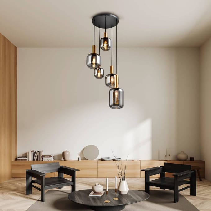 Näve Hanglamp Fumo, rookglas, 5-lamps, rondel