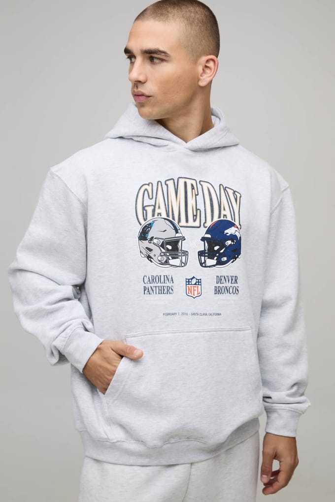 Oversized NFL Broncos X Panthers Gelicenseerde Bedrukte Hoodie | Ash Grey | Size Medium
