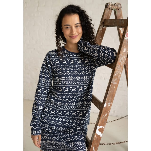 By Louise Dames Nachthemd Lange Mouw Winter Print Blauw - Maat S