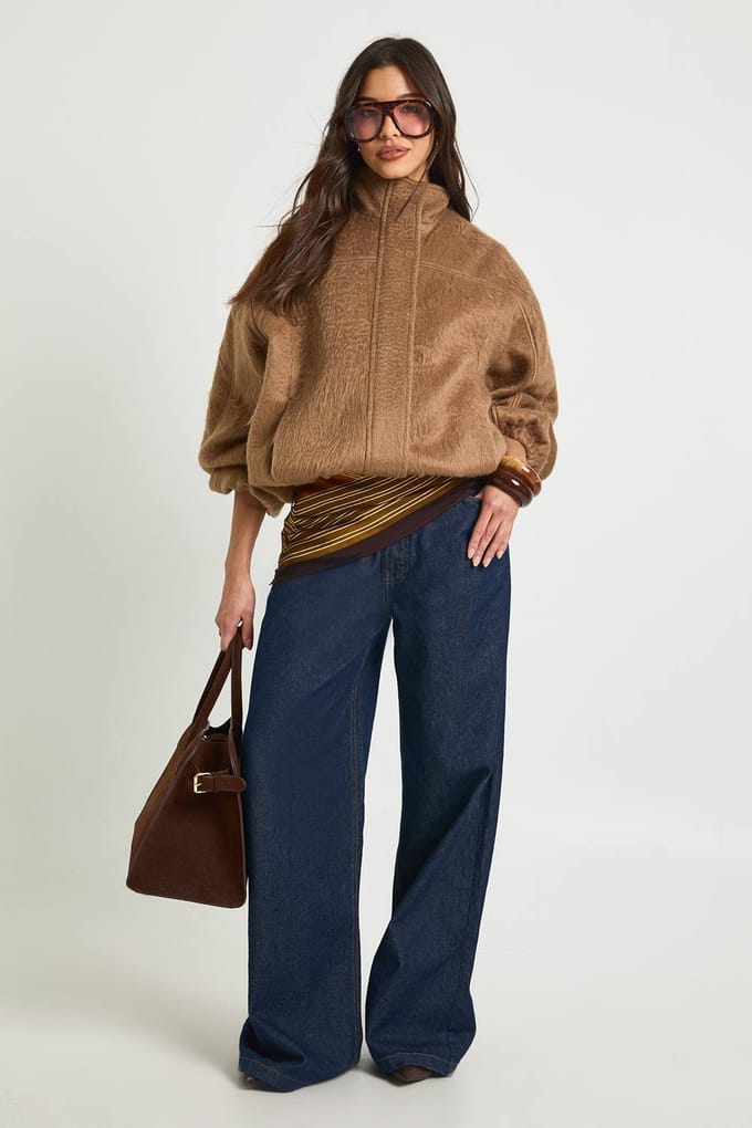 boohoo Dames Bomberjack met textuur van wollook | Camel | Maat: 40