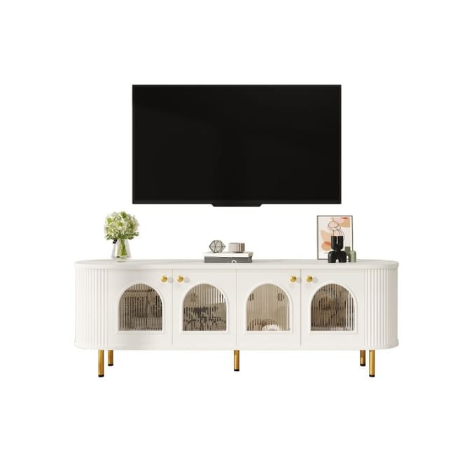 TV-kast lowboard - Wit en goudkleurig - Glazen deuren - Afgeronde randen - Luxe gouden details wit